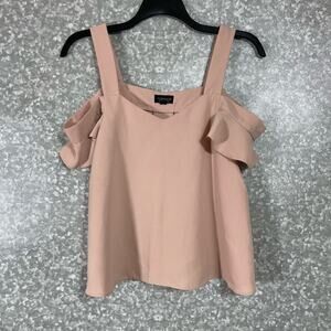 Topshop Blush Pink Y2K Cold Shoulder Ruffle Top - Size 8 - Wide Strap, Box Pleat